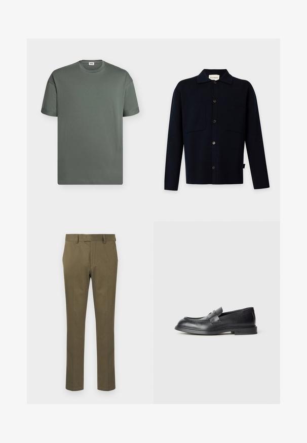 Chemise noire à manches longues boutonnée avec col et deux poches poitrine, présentée sur un fond clair uni.; T-shirt uni à manches courtes et col rond en gris foncé avec une petite étiquette de marque à l'intérieur du col.; Pantalon vert olive pour homme, coupe slim, avec passants de ceinture, poches latérales et fermeture éclair avant dissimulée, sur fond blanc.; Mocassins en cuir noir avec une finition texturée, dotés d'une bride décorative à l'avant et d'un bout arrondi. Semelle en caoutchouc pour plus de durabilité.