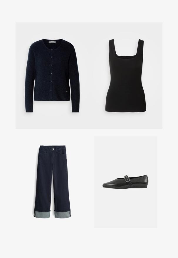 Mos Mosh MMALMINE KNIT CARDIGAN - Strickjacke - salute navy; Schwarzes ärmelloses Tanktop mit quadratischem Ausschnitt, aus glattem Stoff gefertigt; enganliegendes Design ohne Muster oder Hardware-Details.; Dunkelblaue Denim-Jeans mit weitem Bein und hoher Taille, mit umgeschlagenen Säumen in einem helleren Blauton und klassischem Vier-Taschen-Design.; Schwarze Lederflachschuhe mit spitzem Zehenbereich, ausgestattet mit einem metallischen Riemen über dem Spann und einer niedrigen, flexiblen Sohle.