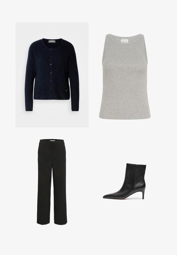 Mos Mosh ALMINE - Strickjacke - salute navy; Graues geripptes Tanktop mit rundem Ausschnitt und ärmellosem Design. Hergestellt aus weichem Stoff, zeichnet es sich durch eine figurbetonte Silhouette und minimale Nähte aus.; Schwarze gestreifte weite Hosen mit flachem Bund und Gürtelschlaufen, aus gewebtem Stoff hergestellt, mit vertikalen Streifen in einer kontrastreichen Farbe.; Schwarze Leder-Ankle-Boots mit spitzer Zehe und schlankem Absatz, die über eine glatte Textur und ein elegantes Design verfügen.