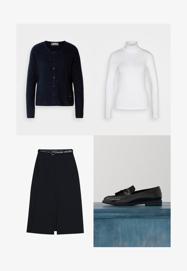 Mos Mosh ALMINE - Kardigán - salute navy; Biela dlhá rukáv turtleneck košeľa vyrobená z hladkej, pružnej látky. Má priliehavý strih a vysoký golier. Bez viditeľných vzorov alebo akcentov.; Čierna sukňa po kolená s predným rozparkom, vyrobená z hladkej látky. Obsahuje tenký čierny opasok so striebornou sponou a pútka na opasok.; Čierne lakované kožené loafery s plochým podpätkom, s akcentom na mušľu a hladkým povrchom, navrhnuté s okrúhlou špičkou a jemným prešívaním.
