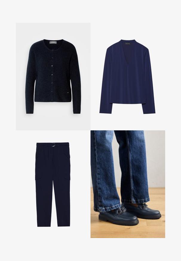 Mos Mosh ALMINE - Chaqueta de punto - salute navy; Parte superior de manga larga en color marino con un profundo escote en V y una tela suave y lisa. El diseño tiene un corte relajado con costuras mínimas y sin patrones.; Pantalones de carga navy con un cinturón que presenta un anillo plateado, cuatro bolsillos y un diseño de pierna tapered, fabricados en una suave tela texturizada.; Zapatos de cuero azul marino con suela gruesa y detalle de cadena en la parte superior, combinados con unos vaqueros de mezclilla oscura de corte holgado.