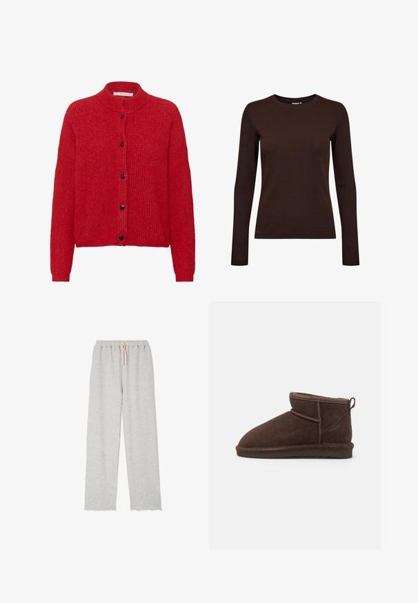 Rode gebreide cardigan met lange mouwen, geribbelde kraag en vijf zwarte knopen aan de voorkant.; Donkerbruine, langmouwige ribgebreide top met een ronde hals en een normale pasvorm.; Lichtgrijze sweatpants met een koord in de taille, rechte pijpen en een textuur met een zachte stof. De zoom heeft een licht golvende rand.; Bianco BIASNOW - Enkelkaarsjes - dark brown