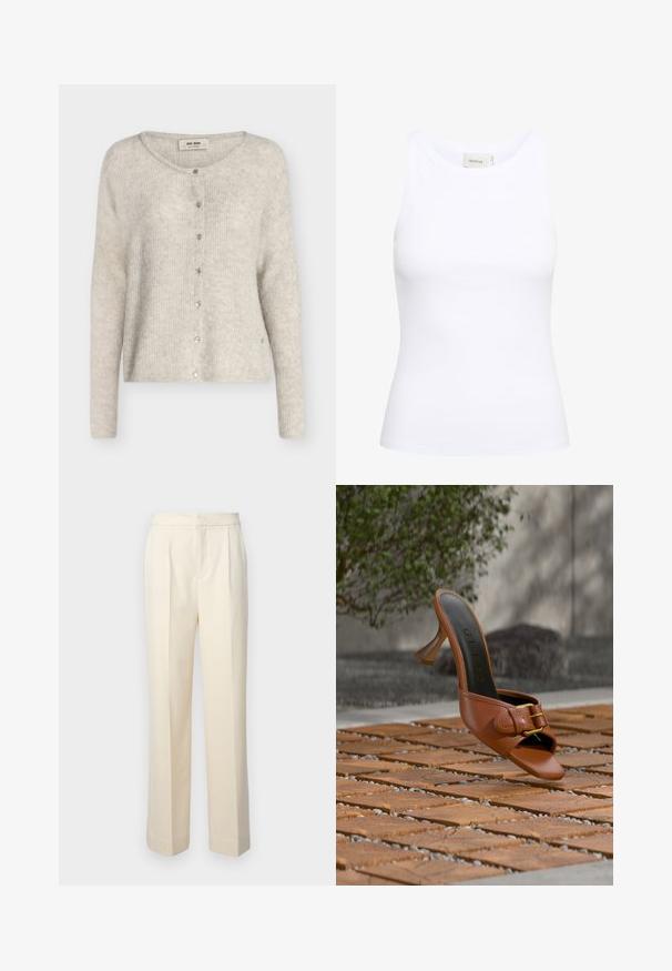Cardigan en maille gris clair à manches longues, col rond, fermeture à boutons-pression à l'avant, étiqueté "Mos Mosh."; Débardeur blanc côtelé avec un col rond et sans manches. Tissu extensible et design ajusté. Étiquette au dos indiquant "GESTUZ."; Pantalons taillés de couleur crème avec une jambe droite, présentant des plis sur le devant et une finition lisse. La taille est plate et sans ornements.; Mule à talon haut en cuir marron avec détail boucle, marquée « Guess » sur la semelle intérieure, posée sur des carreaux en bois à motifs avec de la verdure et un mur en béton en arrière-plan.