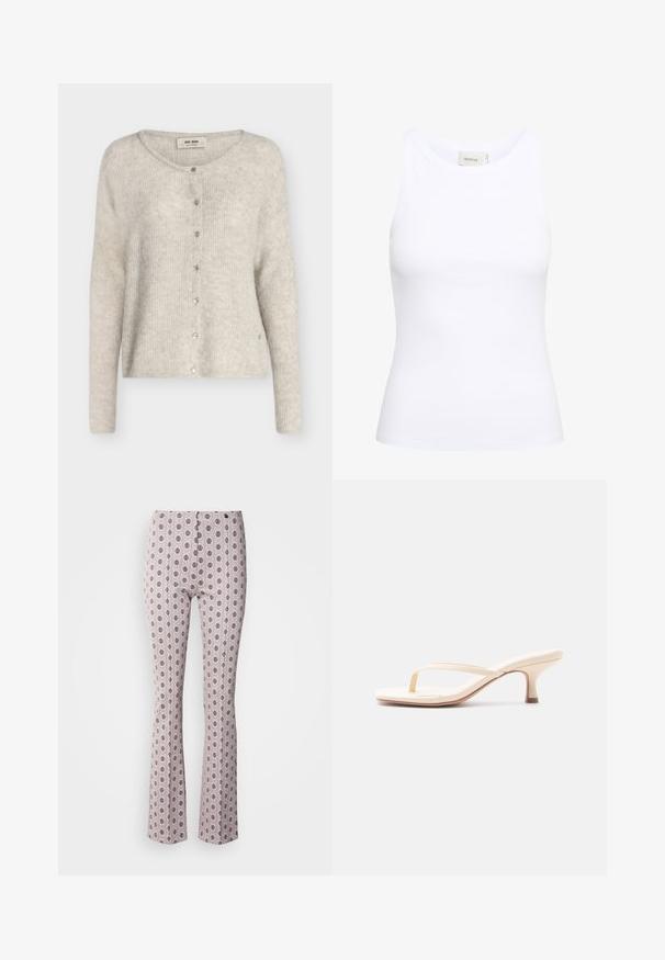 Cardigan en maille gris clair à manches longues, col rond, fermeture à boutons-pression à l'avant, étiqueté "Mos Mosh."; Débardeur blanc côtelé avec un col rond et sans manches. Tissu extensible et design ajusté. Étiquette au dos indiquant "GESTUZ."; Pantalons évasés en tissu rose clair présentant un motif circulaire complexe en noir. Design structuré avec une taille haute et des détails de coutures subtils.; Sandale beige à talon ouvert avec lanière entre les orteils et petit talon aiguille, vue de profil sur un fond blanc uni.