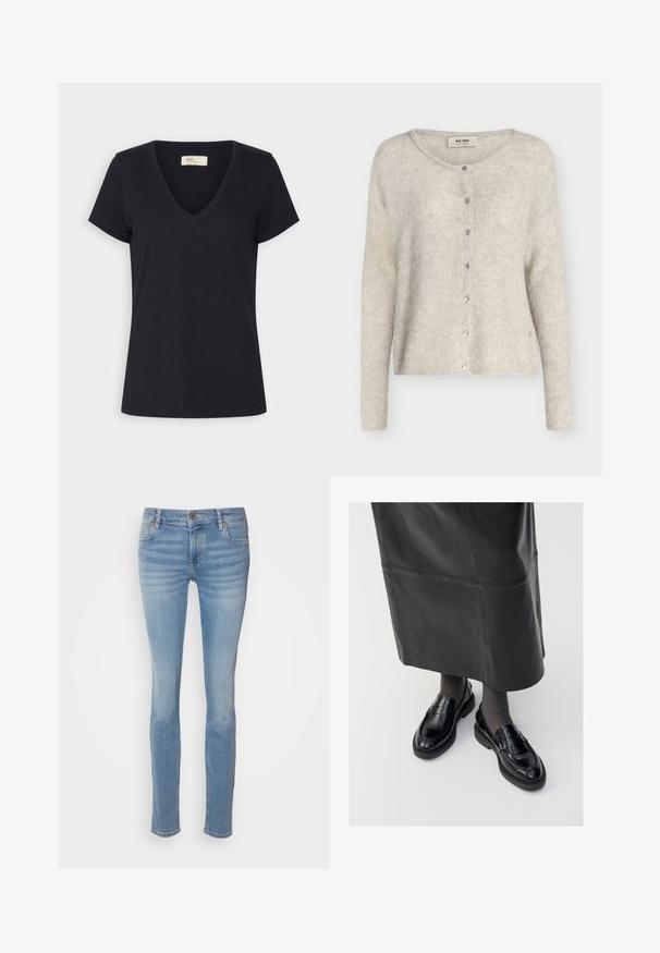 Cardigan en maille gris clair à manches longues, col rond, fermeture à boutons-pression à l'avant, étiqueté "Mos Mosh."; T-shirt noir à manches courtes avec col en V, ourlet droit et petite étiquette de marque à l'intérieur du col.; Jean skinny bleu clair en denim, présentant un design classique à cinq poches, une taille mi-haute et un délavage subtil le long des jambes.; Mocassins en cuir noir avec une finition lisse, ornés d'une bande décorative, à bout rond et avec une semelle texturée. Portés avec une longue jupe en cuir noir.