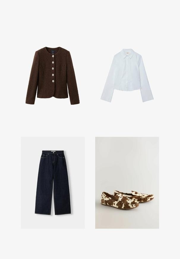Veste texturée marron en mélange de laine, avec un col arrondi, des manches longues et cinq boutons en métal argenté sur le devant.; Chemisier blanc à manches longues, cropped, avec fermeture à boutons sur le devant et col pointu, texture lisse et éclat subtil, présentant un ourlet droit.; Jean large en denim bleu foncé à taille haute, avec cinq poches, des coutures contrastées et des éléments en métal argenté. Texture lisse et finition soignée.; Mocassins en imprimé vache faits d'un matériau doux avec un motif marron et blanc, dotés d'un design à enfiler et d'une semelle plate en caoutchouc.