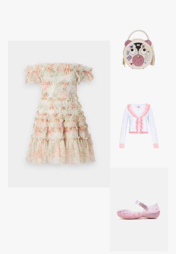 Cardigan bleu clair avec détail à volants roses le long du col et à l'avant. Ce modèle possède des manches longues, cinq boutons blancs et un ourlet côtelé.; Robe décolletée en crème claire avec des volants superposés et des détails floraux roses. Elle dispose de bandes élastiques froncées pour un look texturé.; Chaussure Mary Jane pour enfant, rose translucide, avec découpes florales et accents décoratifs en forme de fleurs sur l'avant et le talon, équipée d'une bride en Velcro.; Sac à main rond beige avec des oreilles et un nez d'ours roses scintillantes, des yeux de dessin animé, détail de fermeture éclair, et des patchs colorés incluant un cœur et un signe de paix.