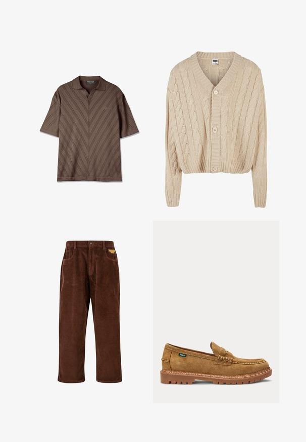 Cremefarvet kabelstrikket cardigan med V-hals, lange ærmer, fem-knaps lukning og ribbet kant. Har et struktureret mønster overalt.; Brun kortærmet polo-shirt med v-hals, der har et struktureret zigzag mønster og en diskret logo detalje på brystet.; Brune corduroy bukser med en ribbet tekstur, lige ben, forlommer og et broderet gult logo nær taljen.; Tan farvet ruskind penny loafer med syet moc toe, robust gummisål og et lille grønt stofmærke på siden.