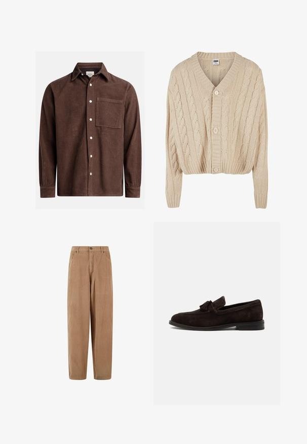 Cardigan crème en tricot torsadé avec un col en V, des manches longues, une fermeture à cinq boutons et un ourlet côtelé. Il présente un motif texturé sur l'ensemble.; Chemise en velours côtelé marron avec un col boutonné, poche avant, boutons blancs et manches longues avec des poignets boutonnés. Détail de tissu texturé.; Pantalon en velours côtelé marron clair au design droit, doté d'une fermeture à bouton et de poches latérales, surface texturée en côtes.; Mocassin homme en daim brun foncé avec pompons, coutures apparentes et petit talon, présenté de profil sur un fond uni.