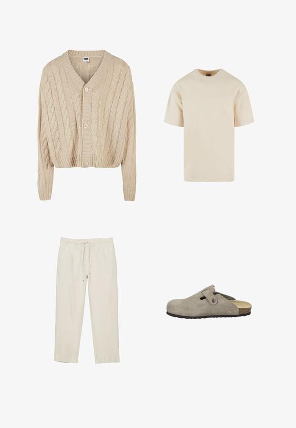 Cardigan crème en tricot torsadé avec un col en V, des manches longues, une fermeture à cinq boutons et un ourlet côtelé. Il présente un motif texturé sur l'ensemble.; T-shirt en coton beige avec un col rond, des manches courtes et une coupe droite. Texture lisse et sans motifs ni accents visibles.; Pantalon beige décontracté avec taille élastique et cordon à l'avant, en tissu léger, présenté sur fond blanc.; Josef Seibel Sabots - taupe