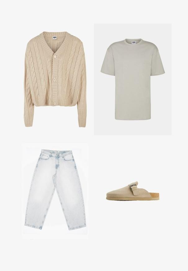 Crème kabelgebreide cardigan met V-hals, lange mouwen, vijfknopen sluiting en geribbelde zoom. Heeft een gestructureerd patroon door het geheel.; Lichtgrijze katoenen T-shirt met korte mouwen, ronde hals en een comfortabele pasvorm. Geen zichtbare patronen of ontwerpen. Platte naden en standaard lengte.; Lichtgewassen spijkerbroek met een hoge taille, rechte, wijde pijpen, knoop- en ritssluiting en voor- en achterzakken.; Beige suède klomp met een gebogen vorm, verstelbare metalen gesp en een getextureerde kurken voetbed. De buitenzool heeft een getande rand voor grip.