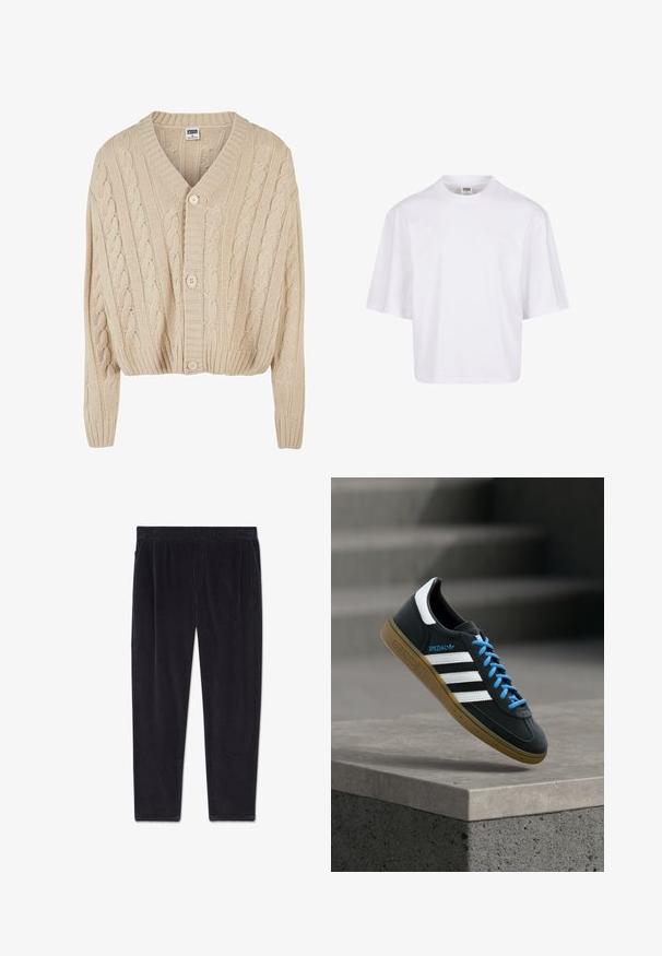 Cárdigan de punto trenzado en color crema con escote en V, mangas largas, cierre de cinco botones y dobladillo acanalado. Presenta un patrón texturizado en todo su diseño.; Camiseta blanca de manga corta con cuello redondo y corte relajado, fabricada en una suave mezcla de algodón. Sin patrones ni adornos.; Pantalones de pana negros con cintura elástica y bolsillos laterales, mostrados extendidos sobre un fondo blanco.; Zapatilla negra Adidas con franjas blancas, cordones azules y suela de goma flotando sobre un escalón de hormigón gris con luz suave.