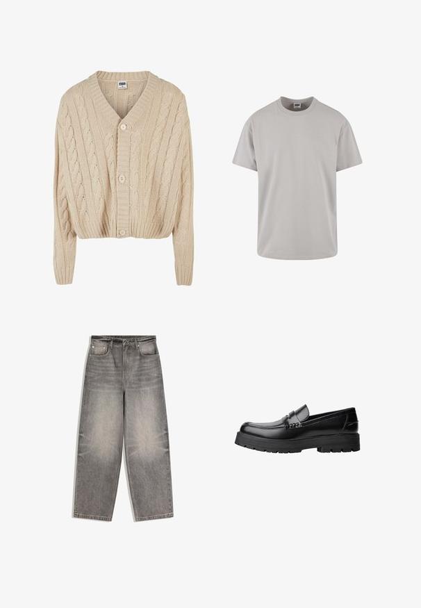 Cremefarvet kabelstrikket cardigan med V-hals, lange ærmer, fem-knaps lukning og ribbet kant. Har et struktureret mønster overalt.; Lys grå bomulds T-shirt, korte ærmer, rund hals, afslappet pasform, glat tekstur, ingen mønstre eller synlige grafik. Rengør design.; Grå denimjeans med højtaljede og vide ben, forrest med knap- og lynlåslukning, bæltestropper og femlomme-design.; Sort læderloafer med kraftig sål og dekorativ rem henover, vist i venstre sideprofil på hvid baggrund.