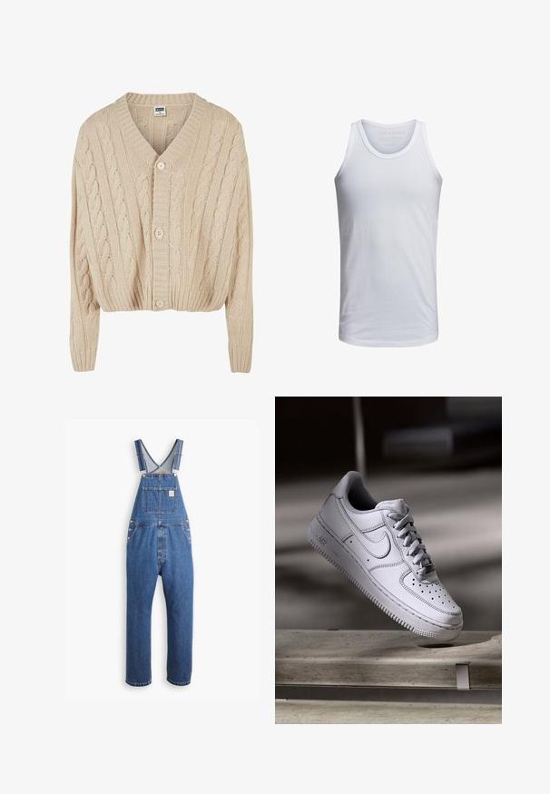 Cardigan crème en tricot torsadé avec un col en V, des manches longues, une fermeture à cinq boutons et un ourlet côtelé. Il présente un motif texturé sur l'ensemble.; Débardeur en coton blanc avec un col rond, des bretelles larges et un marquage minimal imprimé à l'intérieur du col. Texture douce, coupe décontractée.; Salopette en denim bleu moyen, avec des bretelles ajustables, une poche avant et des éléments en métal, offrant une coupe décontractée et un design à jambes droites.; La basket Nike Air Force 1 en cuir blanc présente un embout perforé, des lacets plats et une semelle en caoutchouc texturée avec le logo « AIR » sur le côté.
