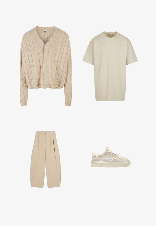 Cardigan crème en tricot torsadé avec un col en V, des manches longues, une fermeture à cinq boutons et un ourlet côtelé. Il présente un motif texturé sur l'ensemble.; T-shirt en coton beige clair à manches courtes, col rond et coupe décontractée. Le tissu semble lisse, sans motifs ni accents visibles.; Pantalon beige taille haute à jambes larges avec plis, passants pour ceinture, fermeture par bouton et zip avant dissimulé.; Baskets en daim beige avec tige texturée, lacets blancs pelucheux et semelle en caoutchouc crème contrastante. Design simple avec peu de détails matériels.