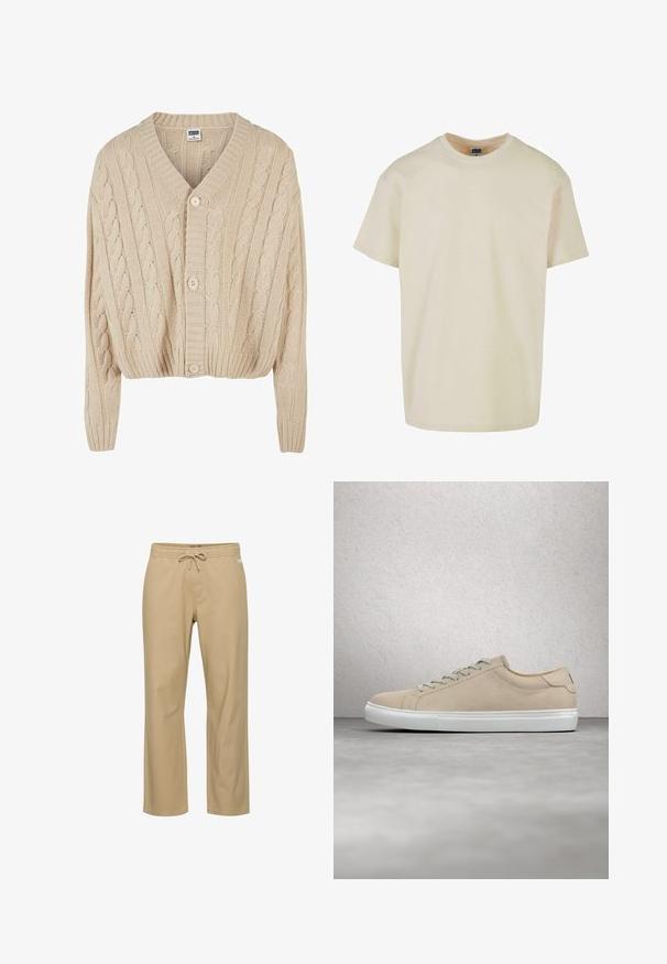 Cremefarvet kabelstrikket cardigan med V-hals, lange ærmer, fem-knaps lukning og ribbet kant. Har et struktureret mønster overalt.; Kortærmet, rundhalset t-shirt i lys beige bomuld. Klassisk pasform med lige kant og uden grafiske design eller accenter.; Beige bomuldsbukser med afslappet pasform, elastik i taljen og snøre. Har sidelommer og lige ben. Ingen synlige mønstre.; Beige ruskinds sneaker med rund tå, hvid gummisål og matchende snørebånd. Minimalistisk design med subtile syningsdetaljer.