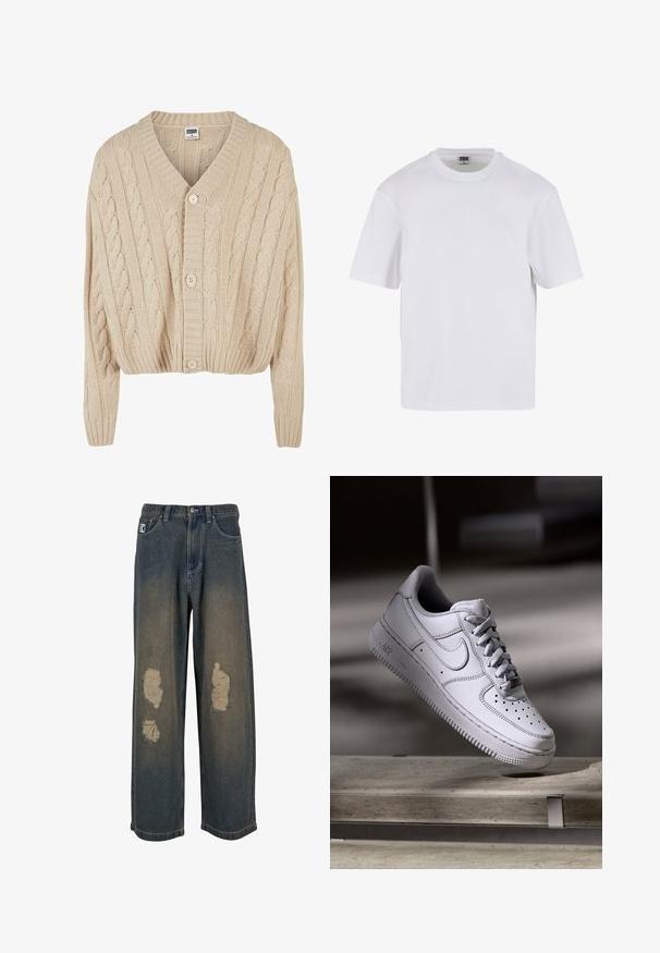 Cárdigan de punto trenzado en color crema con escote en V, mangas largas, cierre de cinco botones y dobladillo acanalado. Presenta un patrón texturizado en todo su diseño.; Camiseta blanca de manga corta hecha de algodón. Presenta un cuello redondo y un ajuste holgado. Textura suave, diseño minimalista, sin patrones ni adornos.; Jeans de denim azul desgastado con pierna ancha, que presentan parches desgastados y bordes deshilachados. Cierre de botón y cremallera de metal, con bolsillos delanteros.; Zapatilla Nike Air Force 1 de cuero blanco que presenta una puntera perforada, cordones planos y una suela de goma texturizada con la marca "AIR" en el lateral.