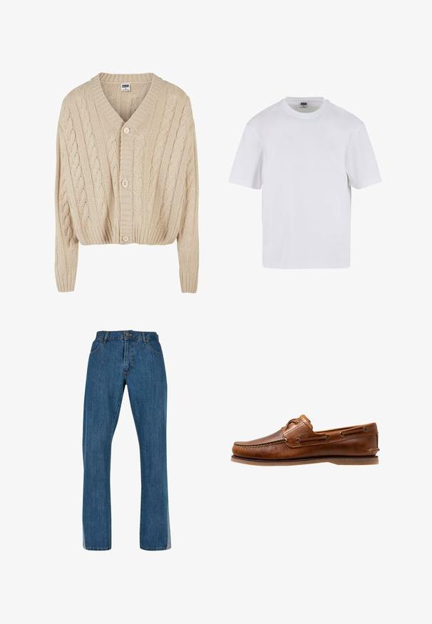 Cardigan crème en tricot torsadé avec un col en V, des manches longues, une fermeture à cinq boutons et un ourlet côtelé. Il présente un motif texturé sur l'ensemble.; T-shirt blanc à manches courtes en coton. Il présente un col rond et une coupe décontractée. Texture lisse, design minimaliste, sans motifs ni accents.; Jean en denim bleu avec une coupe droite, présentant un design classique à cinq poches, une fermeture à bouton et à glissière à l'avant, et des coutures visibles.; Chaussures bateau en cuir marron avec des accents cousus, présentant des œillets en métal, une couture surélevée sur le bout et une semelle plate en caoutchouc.