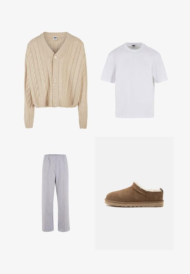 Cárdigan de punto trenzado en color crema con escote en V, mangas largas, cierre de cinco botones y dobladillo acanalado. Presenta un patrón texturizado en todo su diseño.; Camiseta blanca de manga corta hecha de algodón. Presenta un cuello redondo y un ajuste holgado. Textura suave, diseño minimalista, sin patrones ni adornos.; Pantalones de chándal de algodón ligero en color gris, con cintura elástica, piernas rectas y costuras visibles. Sin bolsillos ni adornos.; Zapatilla marrón de ante sin cierre con suela beige y forro de forro polar blanco, diseñada para calor y comodidad en interiores.
