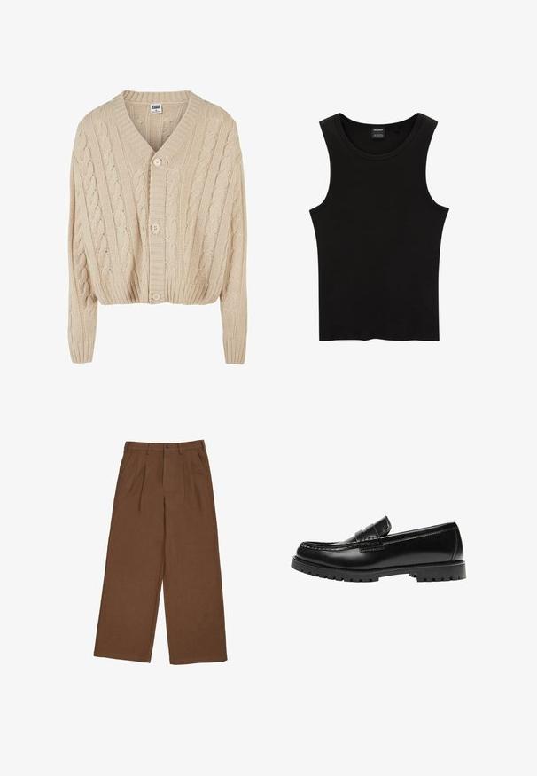 Cardigan crème en tricot torsadé avec un col en V, des manches longues, une fermeture à cinq boutons et un ourlet côtelé. Il présente un motif texturé sur l'ensemble.; Débardeur noir côtelé sans manches avec encolure ronde et étiquette Pull&Bear à l'intérieur du col.; Pantalons larges marron avec des plis, fabriqués en tissu doux. Présente une fermeture à bouton et des passants de ceinture, une texture lisse et une coupe cintrée.; Mocassin en cuir noir avec une semelle en caoutchouc épaisse et un détail classique de bride à monnaie, vu de côté extérieur.