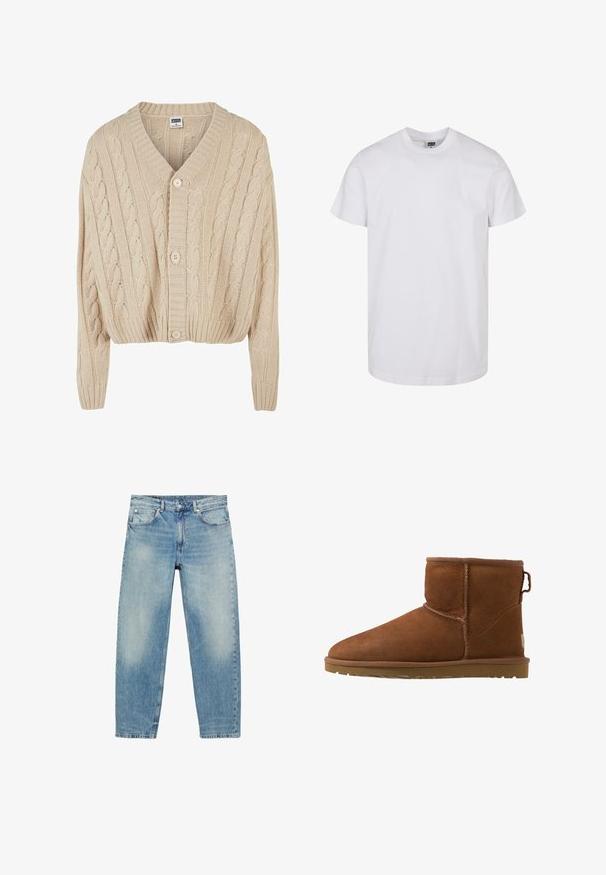 Cardigan crème en tricot torsadé avec un col en V, des manches longues, une fermeture à cinq boutons et un ourlet côtelé. Il présente un motif texturé sur l'ensemble.; T-shirt en coton blanc à manches courtes, col rond et ourlet droit. Texture lisse, sans motifs ni graphismes, étiqueté "Urban Classic".; Jean droit en denim bleu avec poches avant et passants de ceinture, présentant des détails légèrement décolorés sur les cuisses et les genoux.; Bottines en daim marron avec un bout arrondi, des accents cousus et une semelle en caoutchouc. Présente un tirette à l'arrière pour un enfilage facile.