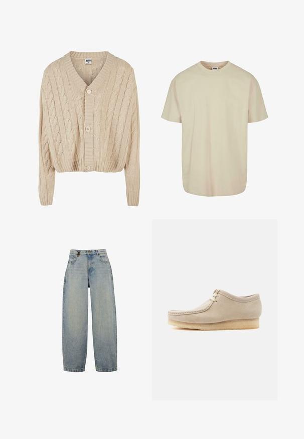 Cardigan crème en tricot torsadé avec un col en V, des manches longues, une fermeture à cinq boutons et un ourlet côtelé. Il présente un motif texturé sur l'ensemble.; T-shirt à manches courtes en coton beige clair avec un col rond, présentant une coupe décontractée et une texture lisse, sans motifs ni accents visibles.; Jean en denim bleu clair avec une coupe décontractée, dotée d'une taille haute, de jambes larges, d'un design classique à cinq poches et d'accents matériels en métal.; Chaussure à lacets en daim beige avec semelle en crêpe, couture de style mocassin et conception basse à la cheville, isolée sur un fond clair.