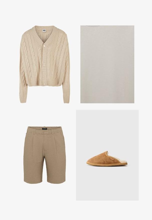 Cremefarvet kabelstrikket cardigan med V-hals, lange ærmer, fem-knaps lukning og ribbet kant. Har et struktureret mønster overalt.; Beige t-shirt med rund hals og glat, ensartet stoftekstur, set forfra.; Beige shorts lavet af struktureret stof med en rynket overflade, en elastisk talje og to frontfolder.; Brune ruskinds-sko med en blød crème-foring, åben bagside og beige gummisål. Har et lille mærke på den øverste side.