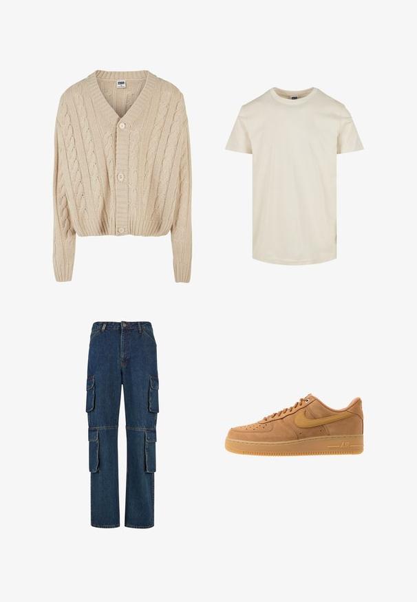Crème kabelgebreide cardigan met V-hals, lange mouwen, vijfknopen sluiting en geribbelde zoom. Heeft een gestructureerd patroon door het geheel.; Korte mouwen, ronde hals t-shirt in een lichtbeige kleur. Gemaakt van zachte katoen, heeft een gladde textuur en een rechte zoom.; Donkerblauwe denim cargobroek met meerdere zijzakken, rechte pijpdesign en contrasterende stiksels. Duurzame stof met een klassieke snit.; Nike Sportswear AIR FORCE 1 07 - Sneakers laag - flax/wheat/light brown/black/team gold