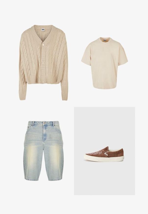 Crème kabelgebreide cardigan met V-hals, lange mouwen, vijfknopen sluiting en geribbelde zoom. Heeft een gestructureerd patroon door het geheel.; Beige oversized T-shirt, gemaakt van zachte katoen stof, met een ronde hals en korte mouwen met een rechte zoom. Eenvoudig en minimalistisch ontwerp.; Lichtblauwe denim shorts met een vervaagde wassing, met een klassiek vijf-pocket ontwerp, riemlussen en een recht model.; Vans CLASSIC SLIP ON UNISEX - Sneakers laag - potting soil/marshmallow