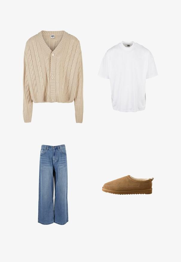 Crème kabelgebreide cardigan met V-hals, lange mouwen, vijfknopen sluiting en geribbelde zoom. Heeft een gestructureerd patroon door het geheel.; Witte katoenen t-shirt met een relaxte pasvorm, korte mouwen en een ronde halslijn, met een rechte zoom en geen zichtbare grafische afbeeldingen of patronen.; Brede blauwe denim jeans met een hoge taille, frontzakken en gestikte details op de benen. Gelaagd, vervaagd uiterlijk met een relaxed fit.; Bruin suède instappantoffel met een zachte crèmekleurige binnenvoering en een getextureerde rubberen zool, gezien vanaf de zijkant op een witte achtergrond.