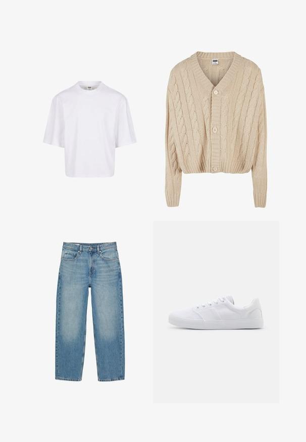 Crème kabelgebreide cardigan met V-hals, lange mouwen, vijfknopen sluiting en geribbelde zoom. Heeft een gestructureerd patroon door het geheel.; Witte, kortekorte t-shirt met een ronde hals en een ontspannen pasvorm, gemaakt van een zachte katoenmix. Geen patronen of versieringen.; Blauwe jeans met rechte pijpen, voorzakken, riemlussen, knoopsluiting en subtiele vervaagde details op dijen en knieën.; Witte canvas sneakers met een rubberen zool, voorzien van zes oogjes, een gestructureerde neuskap en een minimalistisch ontwerp.
