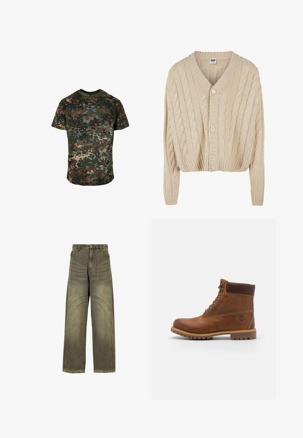Cárdigan de punto trenzado en color crema con escote en V, mangas largas, cierre de cinco botones y dobladillo acanalado. Presenta un patrón texturizado en todo su diseño.; Camiseta de camuflaje hecha de algodón, con un estampado multicolor en verde, marrón y negro. Cuello redondo y mangas cortas.; Jeans de pierna ancha en denim verde oliva, con acentos de costura curvada, cierre clásico de botón y un acabado desgastado.; Botas de senderismo de cuero marrón con un acabado suave, tobillo acolchado, ojales de metal y suela de goma con un patrón de tracción robusto.