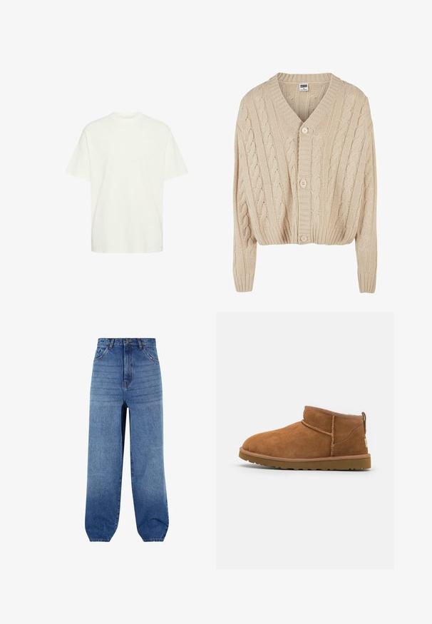 Cardigan crème en tricot torsadé avec un col en V, des manches longues, une fermeture à cinq boutons et un ourlet côtelé. Il présente un motif texturé sur l'ensemble.; T-shirt en coton blanc à coupe ample, col rond, manches courtes et ourlet plat, présentant une texture lisse et sans motifs visibles.; Jeans en denim bleu clair avec une taille haute, une coupe ample et des ourlets fuselés. Comprend cinq poches et un léger dégradé sur l'avant.; Bottine en suède beige avec un bout rond, des détails de couture subtils et une semelle en caoutchouc texturée. Hauteur courte sans lacets.