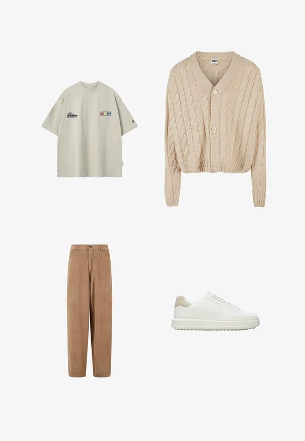Cardigan crème en tricot torsadé avec un col en V, des manches longues, une fermeture à cinq boutons et un ourlet côtelé. Il présente un motif texturé sur l'ensemble.; T-shirt oversize beige à manches courtes, avec le texte « another » et trois petits patchs colorés sur le devant.; Pantalon en velours côtelé marron clair au design droit, doté d'une fermeture à bouton et de poches latérales, surface texturée en côtes.; Baskets blanches en cuir lisse avec un accent beige texturé au talon, dotées de lacets ronds, d'un design profil bas et d'une semelle extérieure en caoutchouc.