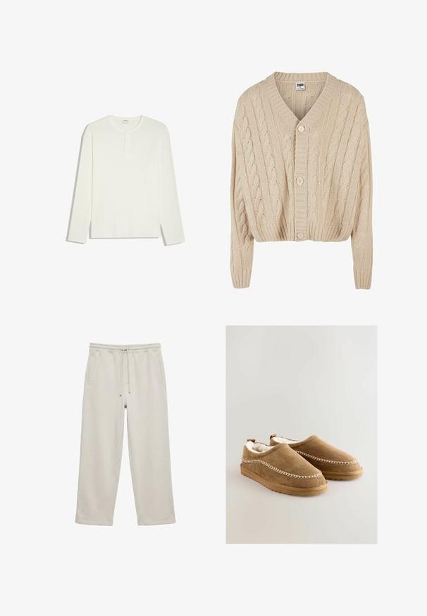 Crème kabelgebreide cardigan met V-hals, lange mouwen, vijfknopen sluiting en geribbelde zoom. Heeft een gestructureerd patroon door het geheel.; Witte henley met lange mouwen, drie knopen en ronde halslijn, plat gelegd op een witte achtergrond.; Beige joggingbroek met brede pijpen, elastische taille en trekkoord, met twee zijzakken en rechte zomen.; Tan suède instapchoenen met zachte kunstbontvoering, decoratieve witte stiksels langs de zijkanten en antislip rubberen zolen.