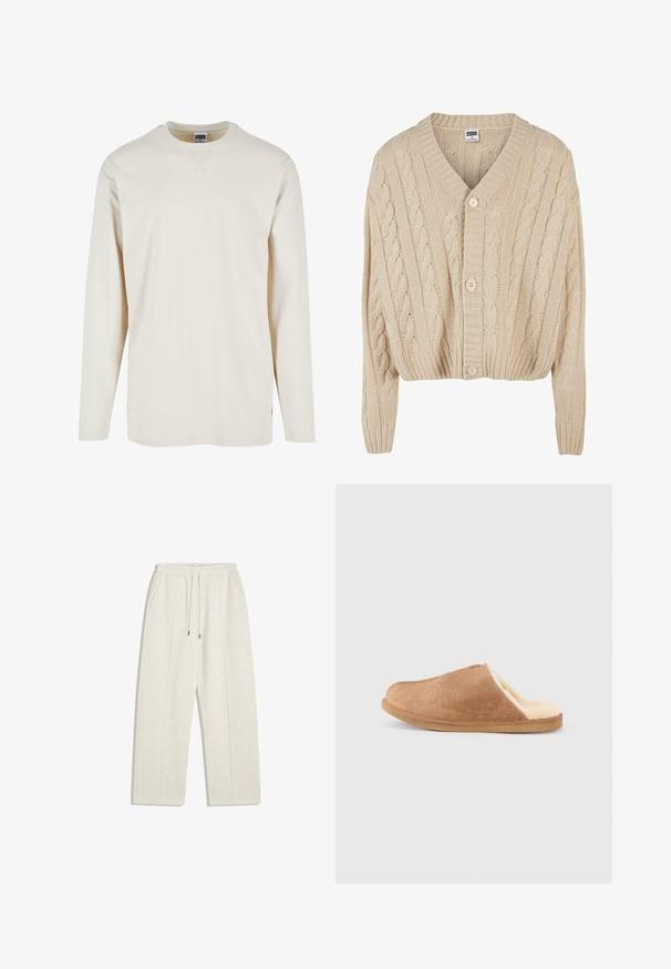Cremefarvet kabelstrikket cardigan med V-hals, lange ærmer, fem-knaps lukning og ribbet kant. Har et struktureret mønster overalt.; Langærmet cremegul t-shirt lavet af blød bomuld, med rund halsudskæring og sideslids for ekstra komfort. Minimalistisk design, ensfarvet tekstur.; Lys beige, vide sweatpants lavet af blødt materiale. Har en elastisk talje med snor og sidelommer for funktionalitet.; Brun ruskind slip-on hjemmesko med cremefarvet blødt fleecefor og gummisål, vist i sideprofil på hvid baggrund.