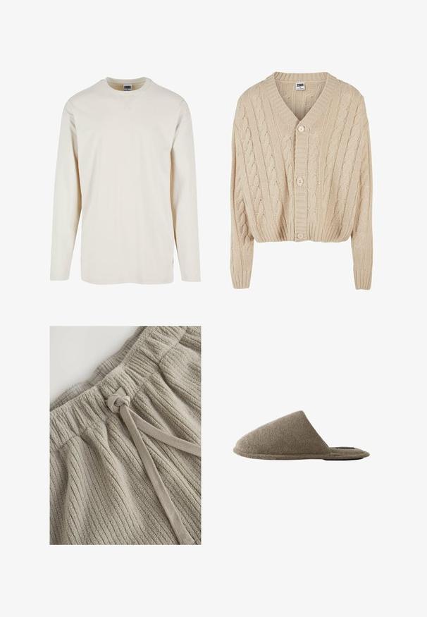 Cárdigan de punto trenzado en color crema con escote en V, mangas largas, cierre de cinco botones y dobladillo acanalado. Presenta un patrón texturizado en todo su diseño.; Camiseta de manga larga en color crema, confeccionada en suave algodón, con un escote redondo y aberturas laterales para mayor comodidad. Diseño minimalista, textura lisa.; Pantalones cortos de algodón caqui con un patrón acanalado texturizado. Cuenta con una cinturilla elástica y una cinta de tela para ajustar. Material suave y acolchado.; Zapatilla única marrón de punta cerrada con tejido suave y texturizado y suela plana, mostrada desde el lateral sobre fondo blanco.