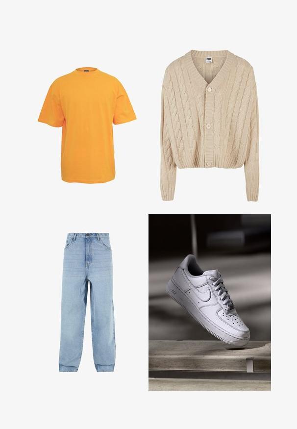 Cremefarvet kabelstrikket cardigan med V-hals, lange ærmer, fem-knaps lukning og ribbet kant. Har et struktureret mønster overalt.; Orange bomulds t-shirt med rund halsudskæring, korte ærmer og en afslappet pasform. Ingen mønstre eller detaljer. Glat tekstur.; Lyseblå denimjeans med løs pasform, høj talje og fem lommer. Har bæltestropper og knaplukning. Blød tekstur.; Hvid læder Nike Air Force 1 sneaker med perforeret tå, flade snørebånd og tekstureret gummisål med "AIR" branding på siden.