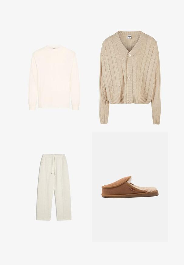 Cardigan crème en tricot torsadé avec un col en V, des manches longues, une fermeture à cinq boutons et un ourlet côtelé. Il présente un motif texturé sur l'ensemble.; Chemise à manches longues en coton blanc cassé avec un col rond et des poignets élastiques, présentant un design minimaliste et une texture douce.; Pantalons de survêtement larges couleur beige clair en tissu doux. Dotés d'une taille élastique avec cordon de serrage et de poches latérales pour plus de praticité.; Chausson marron à enfiler avec une doublure intérieure crème douce et duveteuse et une petite étiquette en tissu sur le côté portant l'inscription « Sherpherd ».