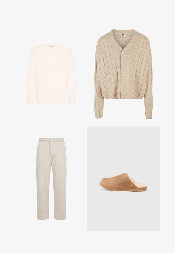 Cremefarvet kabelstrikket cardigan med V-hals, lange ærmer, fem-knaps lukning og ribbet kant. Har et struktureret mønster overalt.; Langærmet skjorte i off-white bomuld med rund hals og elastiske manchetter, der har et minimalistisk design og blød tekstur.; Beige sweatpants med elastisk talje, frontsaumsdetaljer og snorelukning, med lige ben i blødt materiale.; Brun ruskind slip-on hjemmesko med cremefarvet blødt fleecefor og gummisål, vist i sideprofil på hvid baggrund.