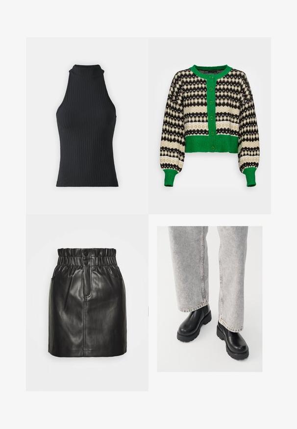 ONLY ONLMADEA - Gilet - green bee pattern/slate green/black; Haut sans manches noir à col montant, avec une coupe ajustée et un tissu extensible, présentant une texture subtile et des bords ourlés.; Mini-jupe en cuir noir avec une taille élastique, deux boutons et des poches latérales. Texture lisse et coupe ajustée.; Vagabond COSMO - Bottines à plateau - black