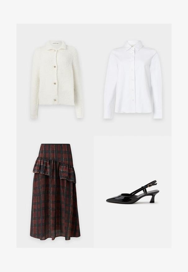 Witte, zachte cardigan van pluizig materiaal met een kraag. Voorzien van vijf gouden knopen aan de voorkant en lange mouwen. Geen patronen.; CLOSED CLASSIC SHIRT WITH STRAP DETAIL - Overhemdblouse - white; Maxi rok in donkerrood en zwart geruit patroon, met gelaagde ruffles bij de taille, gemaakt van lichtgewicht stof met een zachte textuur.; Zwarte lakleren slingback kitten heel schoen met spitse neus en verstelbare gouden gespsluiting op een witte achtergrond.