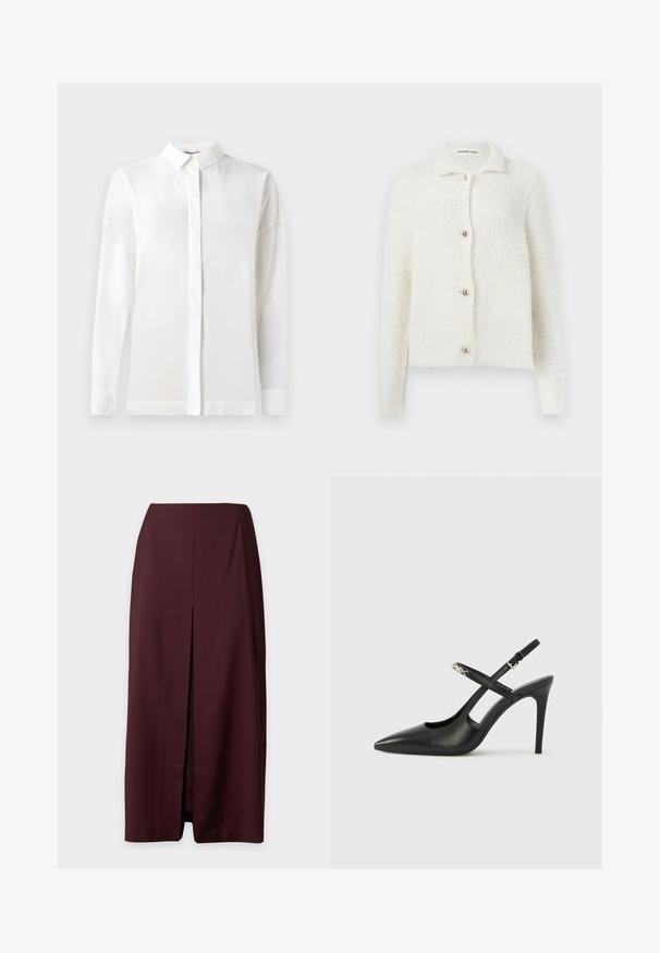 Cardigan blanc duveteux fait d'un matériau doux avec un col. Il présente cinq boutons dorés sur le devant et des manches longues. Sans motifs.; Chemise blanche à manches longues avec un col boutonné, texture lisse, coupe droite et patte de boutonnage cachée. Tissu doux et léger sans motifs.; Jupe midi droite bordeaux foncé avec une fente centrale à l'avant et une taille haute, présentée sur un fond clair.; Escarpins slingback en cuir noir avec bout pointu, design ajouré et bride ajustable ornée de ferrures métalliques.