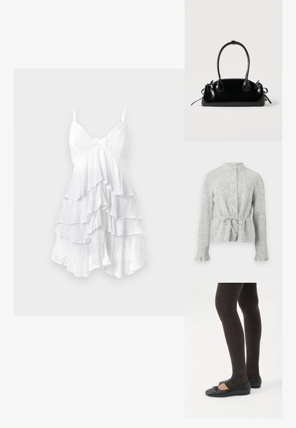 Cardigan gris clair en tissu tricoté doux, avec un col montant, une fermeture à boutons, une taille à cordon de serrage et des poignets à volants.; Robe blanche sans manches avec des couches volantes, fabriquée en tissu léger portant des motifs en œillets et une texture délicate. Design à col en V.; Jambes portant des leggings côtelés foncés associés à des ballerines noires avec de petits détails en nœud sur fond blanc.; Petit sac à main noir brillant avec deux longues anses et des détails à cordon sur les côtés sur un fond clair uni.
