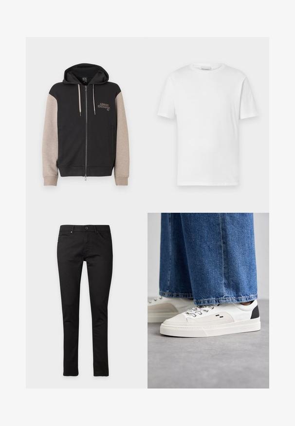 Mikina s kapucňou na zips, čierne telo a béžové rukávy. Materiál je mäkký so hladkou textúrou. Logo značky na hrudi v kontrastnej farbe.; Biela krátka tričko s krátkym rukávom vyrobené z bavlny. Má okrúhly výstrih a rovný spodný lem. Bez vzorov alebo ozdôb. Jednoduchý dizajn.; Čierne slim fit džínsy so zapínaním na gombík a zips, predné a zadné vrecká, zobrazené natiahnuté na bielom pozadí.; Biele a čierne tenisky s hladkým koženým zvrškom, štruktúrovanými akcentmi a masívnou bielou podrážkou. Obsahujú klasický dizajn so šnurovaním.