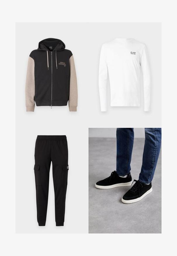 Kapuzensweatshirt mit Reißverschluss, schwarzer Körper und beige Ärmel. Das Material ist weich mit glatter Textur. Markenlogo auf der Brust in kontrastierender Farbe.; Weißes Langarm-T-Shirt aus Baumwolle mit kleinem schwarzem EA7-Logo auf der linken Brust. Einfaches Design mit Rundhalsausschnitt.; Schwarze Cargo-Hosen mit elastischem Bund, zwei Seitentaschen und Logodetail auf der linken Seite. Glatte Textur, verjüngt an den Knöcheln.; Schwarze Wildledersneaker mit einer weißen Gummisohle, die ein klassisches Low-Top-Design, eine abgerundete Spitze und flache schwarze Schnürsenkel aufweisen.