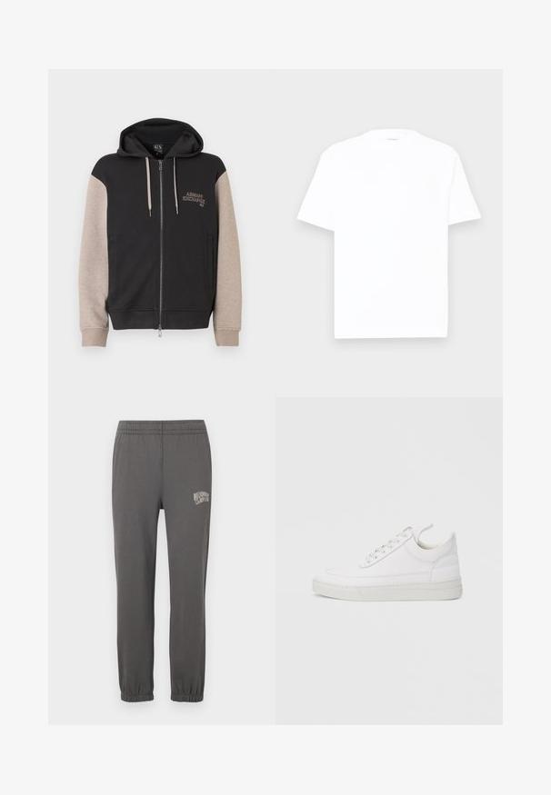 Kapuzensweatshirt mit Reißverschluss, schwarzer Körper und beige Ärmel. Das Material ist weich mit glatter Textur. Markenlogo auf der Brust in kontrastierender Farbe.; Weißes Baumwoll-T-Shirt mit Rundhalsausschnitt, kurzen Ärmeln und lässiger Passform. Glatte Textur, minimale Details und ohne Muster oder Grafiken.; Graue Jogginghose mit elastischem Bund, schmal zulaufenden Bündchen und einem kleinen weißen Logo mit der Aufschrift "Billionaire Boy Club" am linken Oberschenkel.; Weißer Ledersneaker mit abgerundetem Zehenbereich, flacher Sohle und Schnürverschluss. Verfügt über Nahtdetails und einen gepolsterten Kragen für zusätzlichen Komfort.