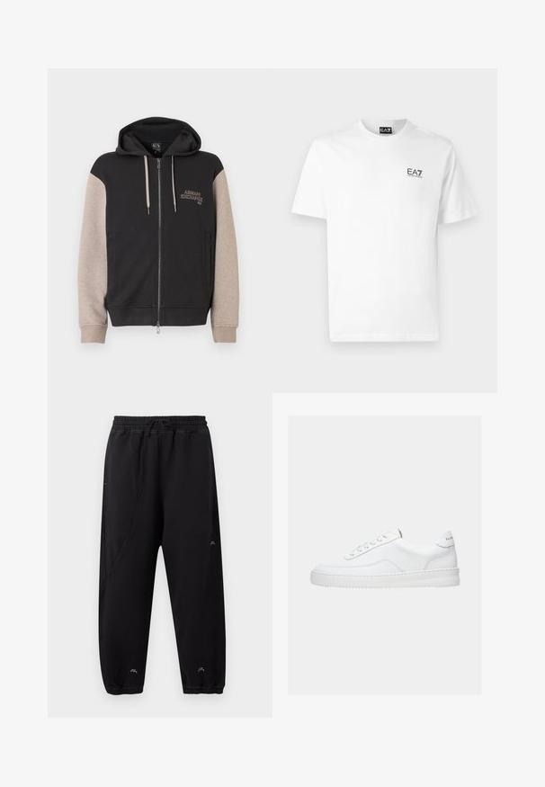 Sweat à capuche zippé avec corps noir et manches beige. Le matériau est doux avec une texture lisse. Logo de la marque sur la poitrine en couleur contrastante.; T-shirt en coton blanc avec un col rond, des manches courtes et un logo noir EA7 sur la poitrine gauche. Texture lisse et unie.; Pantalon de jogging noir avec taille et poignets élastiques, coupe slim, détails de couture discrets et petit logo blanc près des chevilles et de la cuisse.; Baskets basses blanches avec un design à lacets, dessus en cuir lisse et semelle épaisse, montrées de profil sur un fond uni.