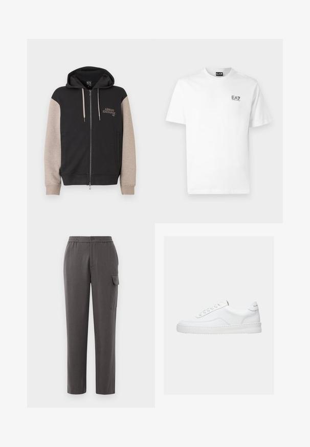 Sweat à capuche zippé avec corps noir et manches beige. Le matériau est doux avec une texture lisse. Logo de la marque sur la poitrine en couleur contrastante.; T-shirt en coton blanc avec un col rond, des manches courtes et un logo noir EA7 sur la poitrine gauche. Texture lisse et unie.; Pantalon gris à coupe décontractée, fabriqué à partir d'un tissu lisse. Comprend une fermeture à bouton, des poches latérales et une poche cargo sur la jambe.; Baskets basses blanches avec un design à lacets, dessus en cuir lisse et semelle épaisse, montrées de profil sur un fond uni.