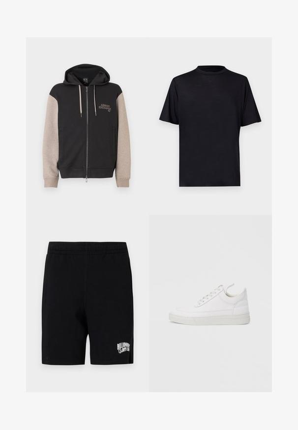Zip-up sweatvest met capuchon, met een zwart lijf en beige mouwen. Het materiaal is zacht en heeft een gladde textuur. Het merklogo staat contrasterend op de borst.; Zwart T-shirt met korte mouwen en een hoge hals, gemaakt van een glad, lichtgewicht materiaal, met een minimalistisch ontwerp zonder patronen of accenten.; Zwarte shorts van een zachte katoenmix met een elastische tailleband, voorzien van een wit logo op het linkerpootje en zijzakken.; Witte leren sneaker met een afgeronde neus, platte zool en veters aan de voorkant. Voorzien van stikseldetails en een gevoerde kraag voor comfort.
